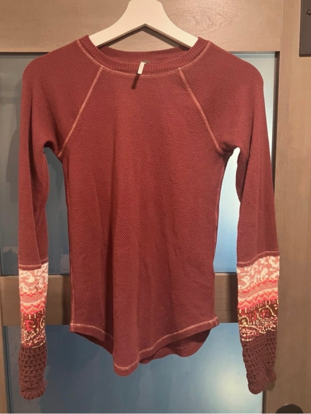 Free People Wine Long Sleeve Thermal Top with Patterned Cuffs